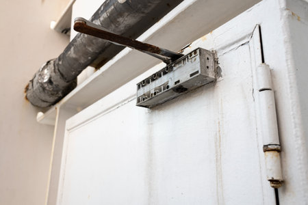 Details of a white iron door on a ship, with a closer and a hinge.の写真素材
