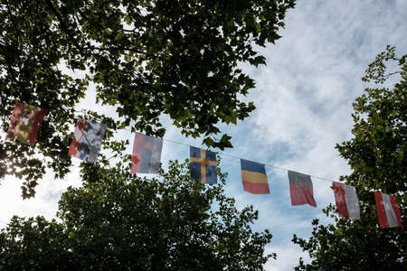 flags of european countries hang on the streetの写真素材