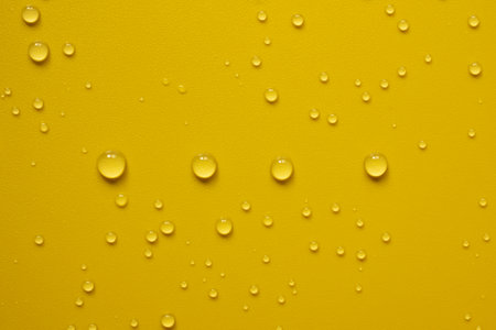 Four drops of water lined up in a row, among chaotic splashes, on a yellow surface. Abstract background. Top view.の写真素材