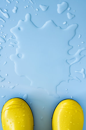 Yellow rubber waterproof boots on a blue background in a puddle of water. Concept of preparation for the rainy season. Copy space.の写真素材