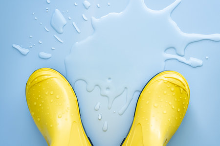 Yellow rubber boots stand near spilled water on a blue background. Concept of preparation for the rainy season. Copy space.の写真素材