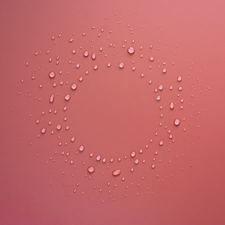 Drops of water in the form of a circle on a pink background. Copy space. Top view.