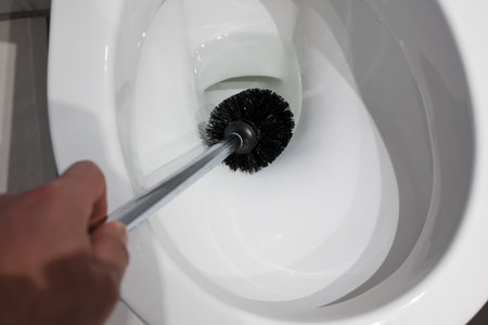 Hand cleans a white toilet bowl with a brush. Household chores. Top view. Close-up.の写真素材
