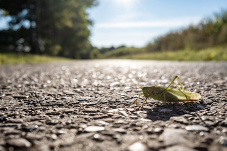 Grasshopper on the road, on a blurred background of a corn field, on a sunny day. Concept of harming agriculture with locusts.の写真素材