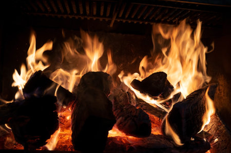 Fire and burning firewood in an iron fireplace to heat a house during an energy crisis and high...