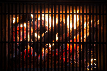 Burning firewood in a fireplace that can be used as a stove for cooking and heating the house. Energy crisis and high heating prices.の写真素材