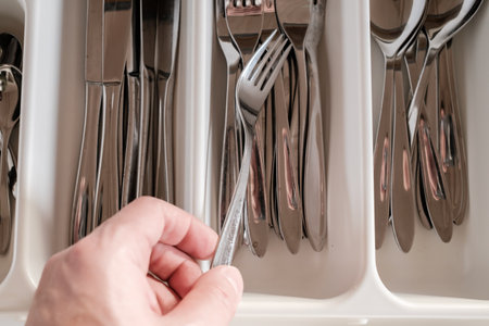 Male hand takes a fork from a drawer with cutlery. Close-up.