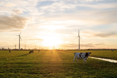 Cows graze in a pasture against the background of wind turbines, a beautiful meadow in the rays of sunsetの写真素材