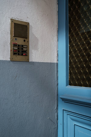Video intercom on the wall, at the front door of the building. Security concept.の写真素材