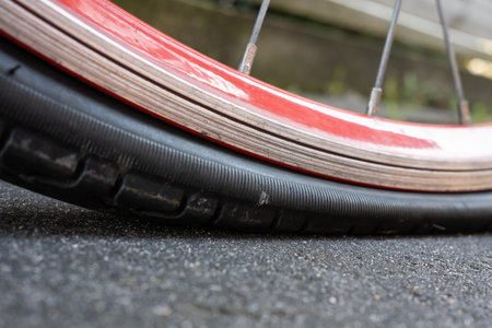 Punctured bicycle wheel, with a deflation tire on the pavement. Bike repair. Bottom view.の写真素材