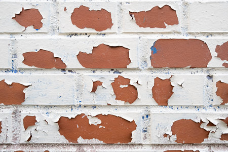 New red brick wall with peeling white paint. Abstract background. Place for text.の写真素材