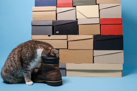Curious cat stuck its head into a boot, against the background of shoe boxes. Copy space.の写真素材
