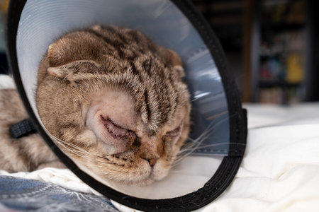 Cat after surgery on the eyes, with stitches on the lower eyelids, in the Elizabethan collar. Bilateral entropion in the pet.の写真素材