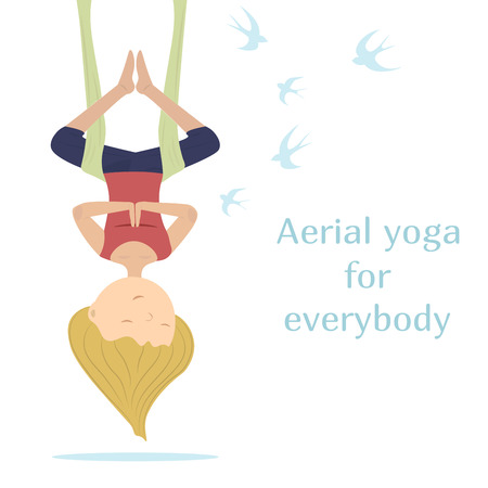 Yogi girl hanging in a hammock on a background of flying swallows.のイラスト素材