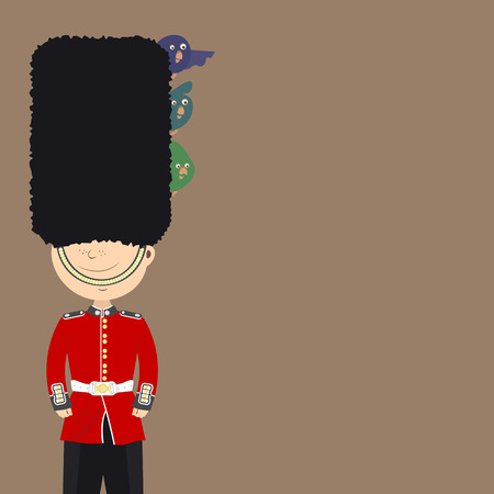 English guard an Englishman is on duty. Funny birds sitting in his cap. Backgroundのイラスト素材