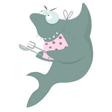 Hungry shark is waiting for dinner holding in the hands a knife and fork.のイラスト素材