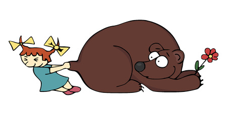 girl with pigtails pulls a thick bear that sniffs smelling a flower and restsのイラスト素材