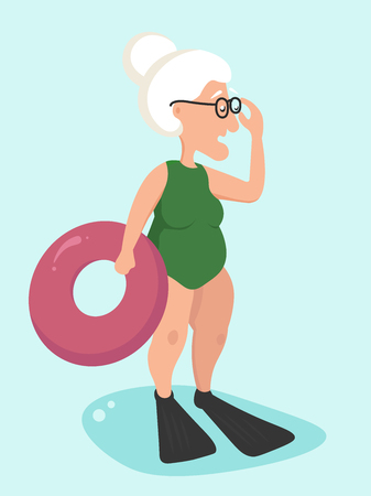 An elderly woman in a bathing suit and a lifebuoy is standing and surprisingly adjusting her glasses.のイラスト素材