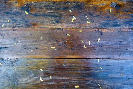 Brown scratched wooden cutting board with several leaves on it