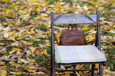 An empty chair with bag sitting in the forest with yellow leavesの写真素材