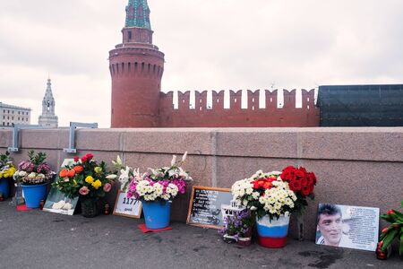 Russia, Moscow May 19 2018: Flowers in the murder place of the Russian politician Boris Nemtsov.のeditorial素材