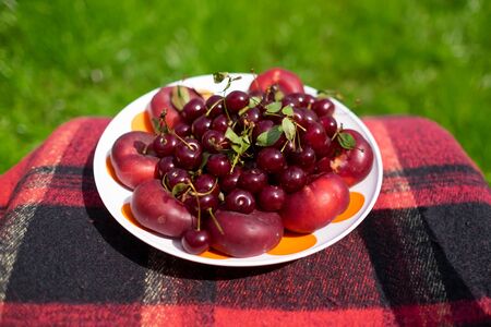 Harvested red ripe cherry fruit on wooden plateの写真素材