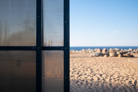 View on sandy beach and sea from room at summer dayの写真素材