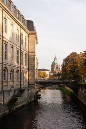 HANNOVER, GERMANY - October 15 2019: View on town hall from the bridge.のeditorial素材