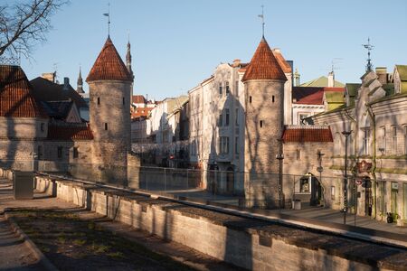 TALLINN, ESTONIA - FEBRUARY 06 2020: Twin towers of Viru Gate at the entrance to the old town of Tallinnのeditorial素材