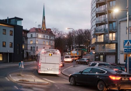 TALLINN ESTONIA February 05 2020: View on city road with cars and traffic jam in the evening.のeditorial素材