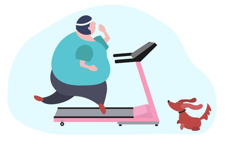Fat woman on sport stationary treadmill. Girl running at home. Her dog looking on her. Body positive facial human emotion.のイラスト素材