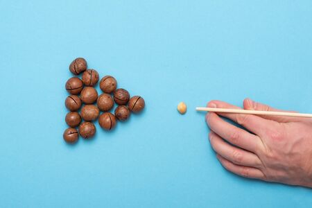 Macadamia nuts and man holding a stick like he is playing billiardsの写真素材