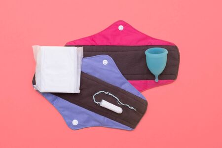 Woman hygiene protection, menstruation, cotton tampons, sanitary pads and menstruation cup