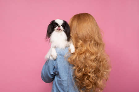 Devoted woman holding and comforting pet dogの写真素材