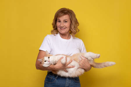 Caucasian woman lovingly hugging cat on yellow wall.