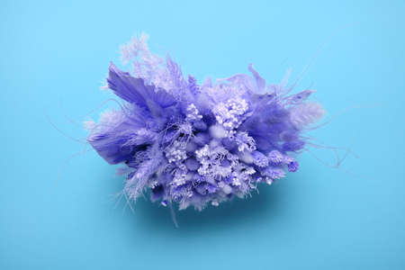 Bouquet with various colored dried wildflowers on blue background.