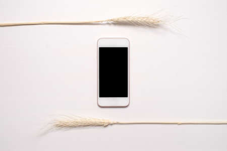 Phone with a black screen with dryed white flowersの写真素材