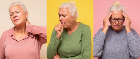 Collage of several portrait of senior woman with neckache, headache, coughing.の写真素材