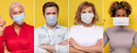 several women and man wearing a mouth protection to prevent getting sick with coronavirus.の写真素材