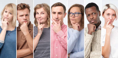 Collage of studio portrait people thinking, planning, trying to make a decision.の写真素材