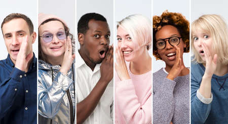 Collage of men and women covering mouth with hand tells secrets to someone.