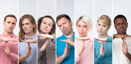 Collage of portraits millenial young men and women showing time out hands gesture.