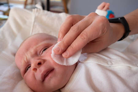 A mother cleaning baby skin in morning at homeの写真素材