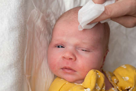 Cleaning babys face on the morning. Hygiene procedures for the babyの写真素材