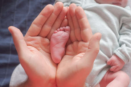 Parent holding little foot of his newborn baby.の写真素材