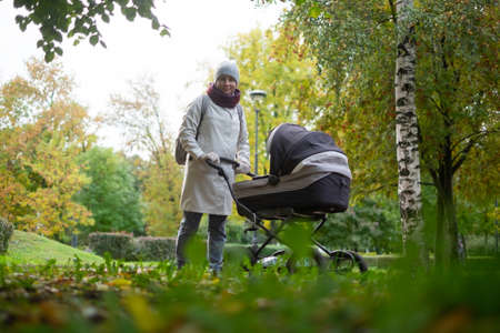 Happy young mother with pram during the walk
