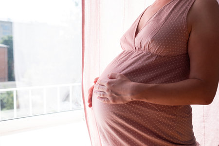 Pregnant woman touching belly standing near window.の写真素材