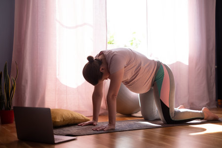 Pregnant woman on fitness mat, training at homeの写真素材