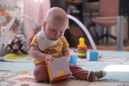 Caucasian baby toddler playing color blocks aloneの写真素材