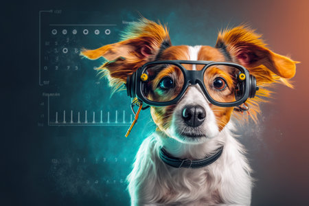 dog as a neuroscientist on colored background, created with Generative AI technologyの素材